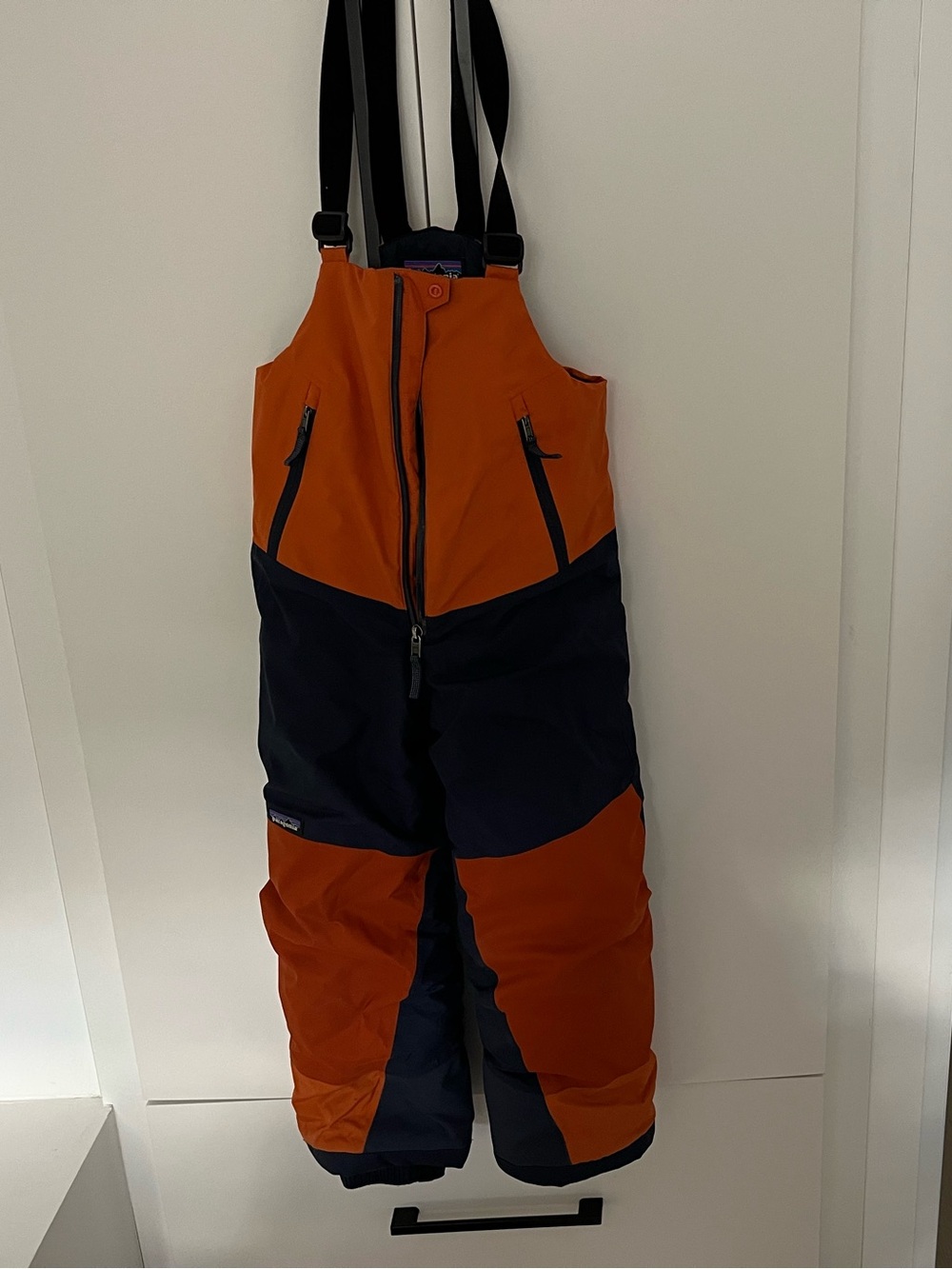 Patagonia Orange and Navy Kids Snowpant Bibs